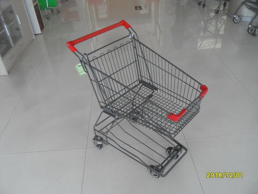 Chine Caddie de roue du supermarché 4 avec la grille basse 45L et la barre rouge de poignée usine