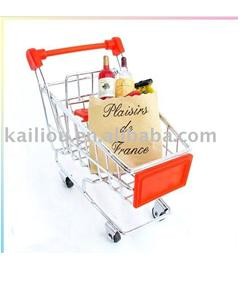 Small Supermarket Shopping Trolley with advertisement board in red and metal base in chrome